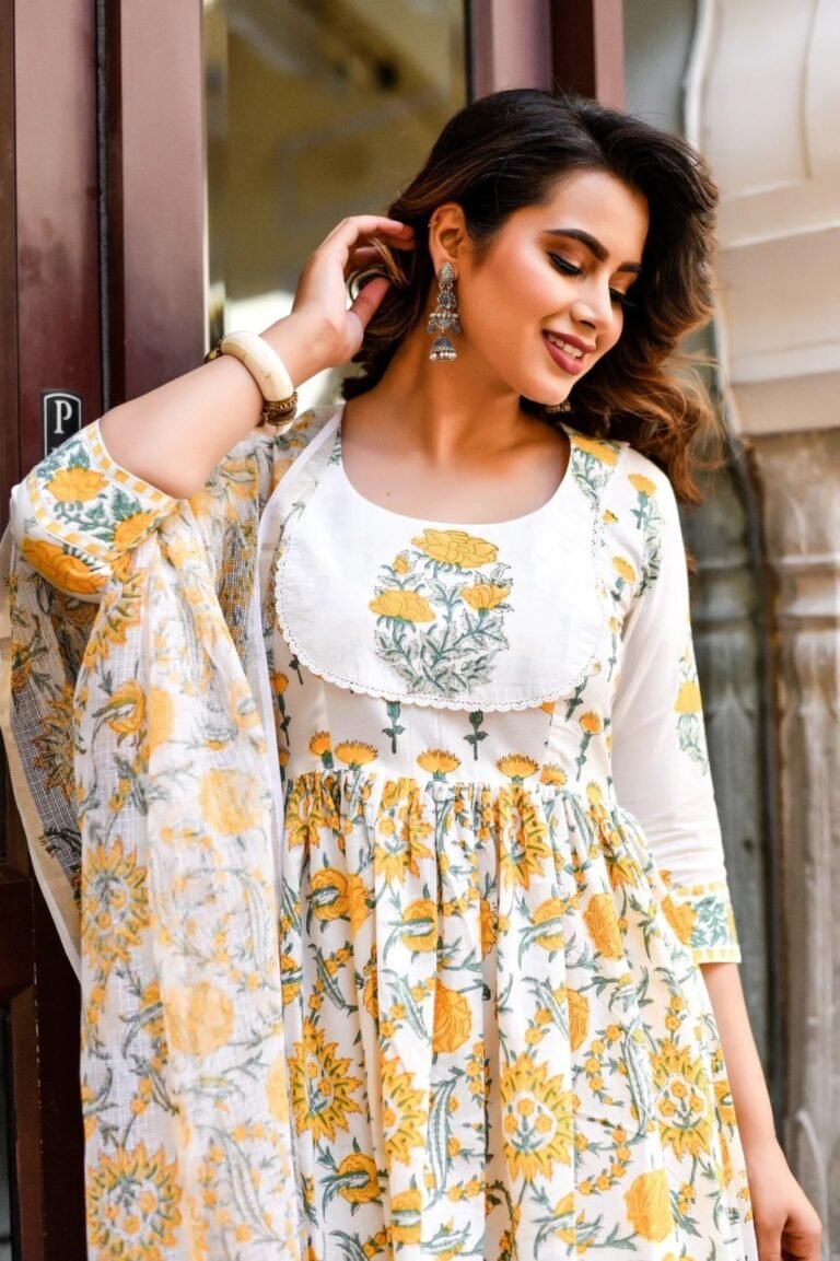 Mustard Round Neck Floral Print Kurta Sets