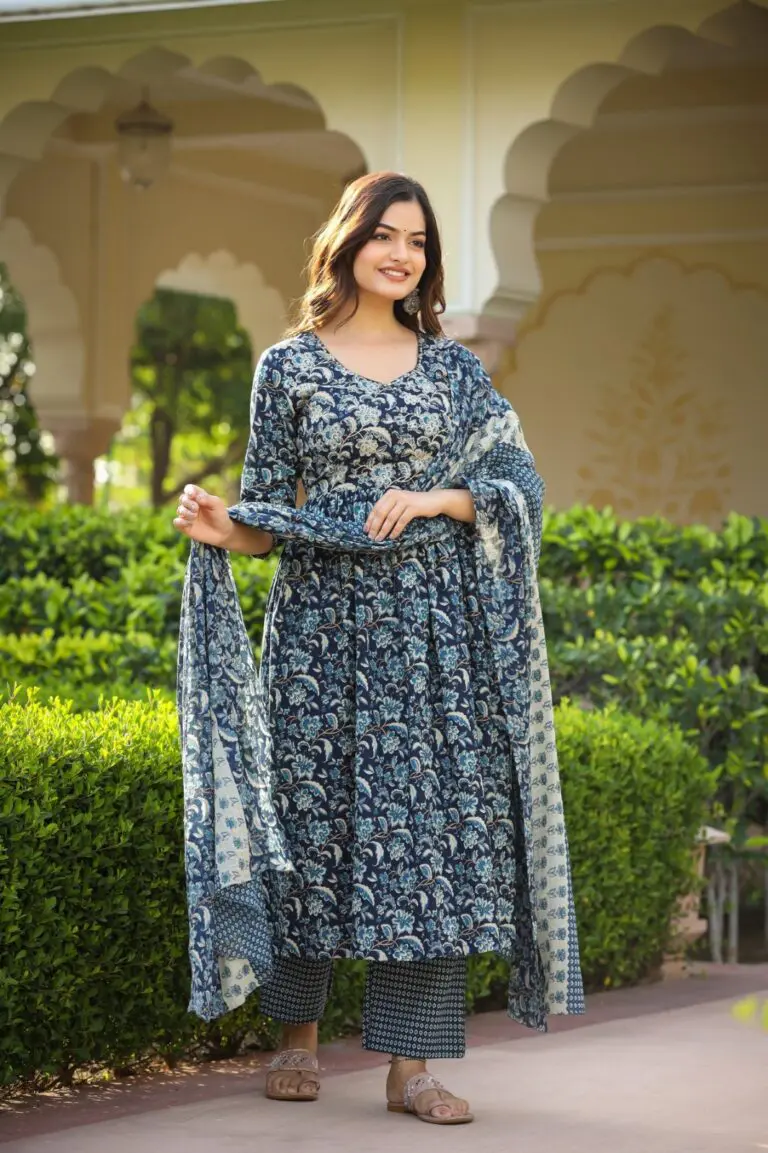 T.blue V. Neck Floral Print Poly Rayon Kurta Sets