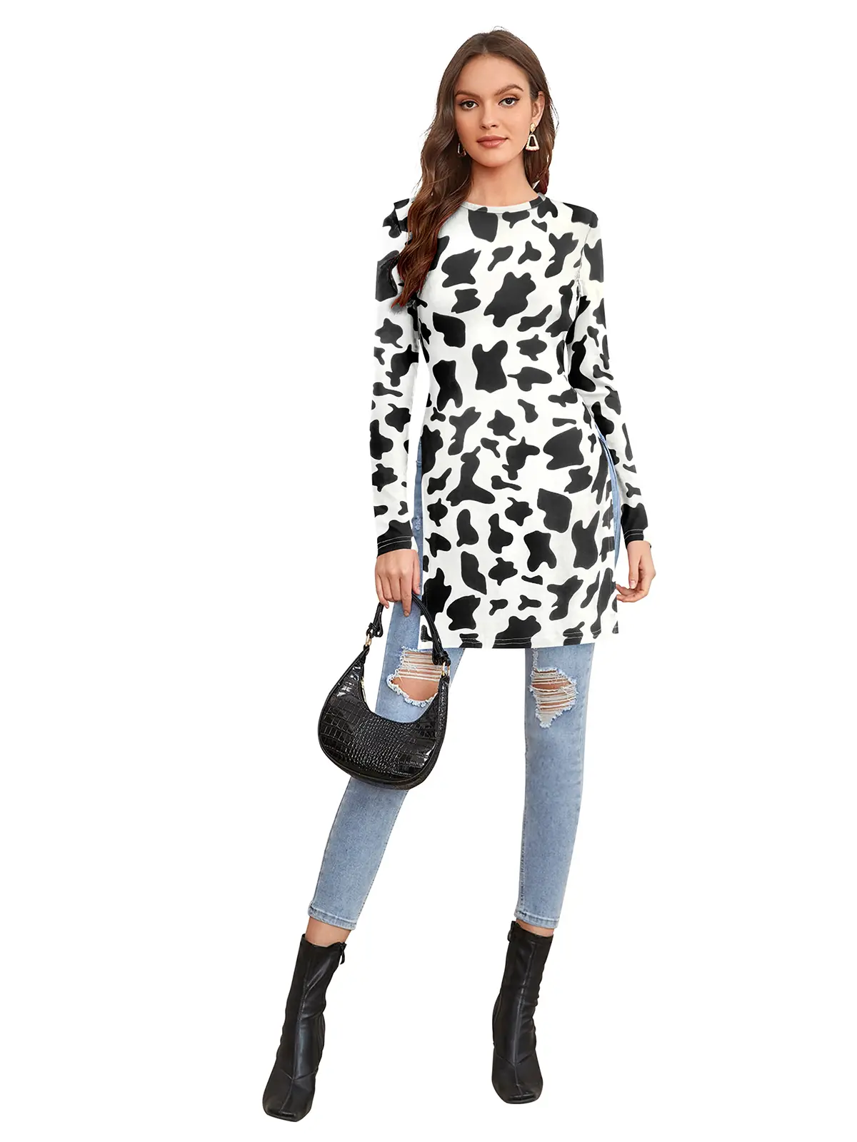 Black And White Print Longline Tunic Top