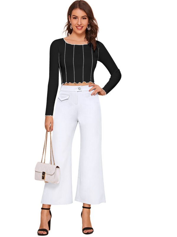 Striped Hem Mock Neck Long Sleeve Crop Top