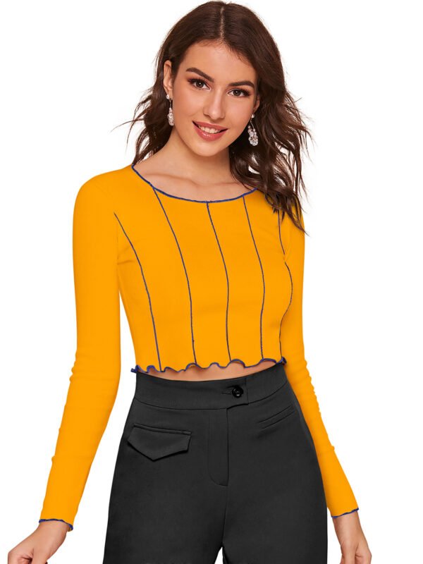 Striped Hem Mock Neck Long Sleeve Crop Top