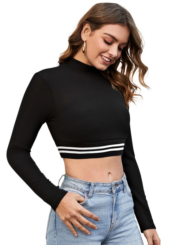 Striped Hem Mock Neck Long Sleeve Crop Top