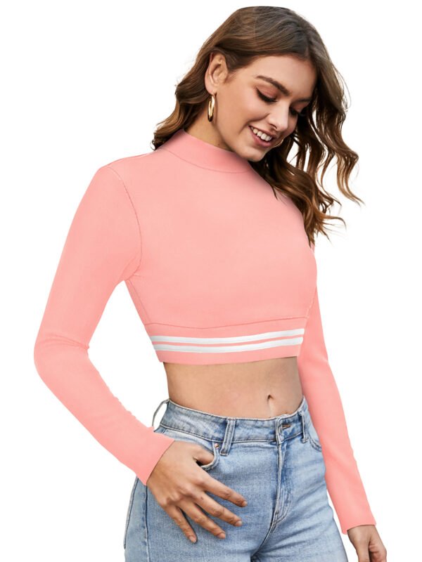 Striped Hem Mock Neck Long Sleeve Crop Top