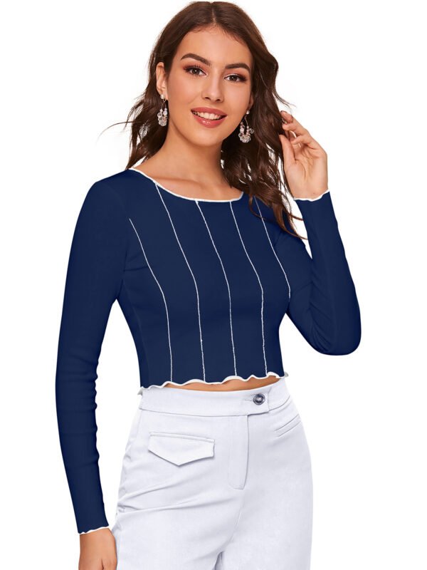 Striped Hem Mock Neck Long Sleeve Crop Top