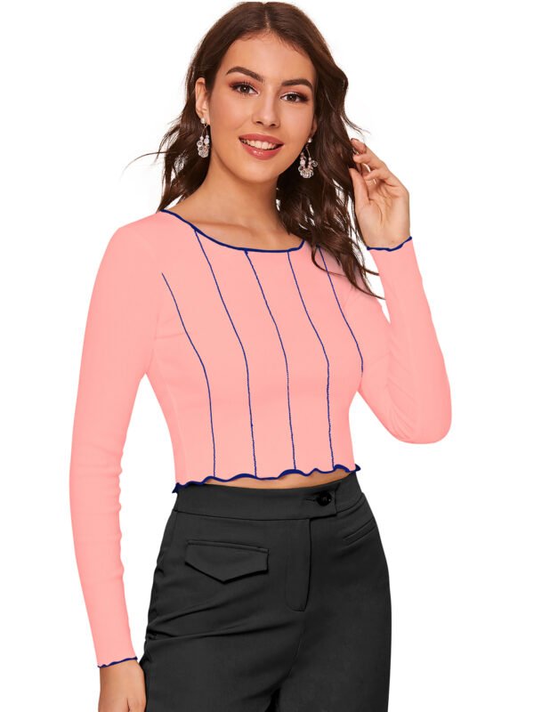 Striped Hem Mock Neck Long Sleeve Crop Top