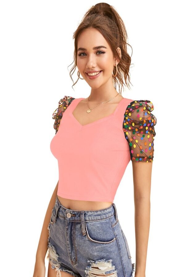 V-Neck Crop Top with Polka Dot Puff Sleeves