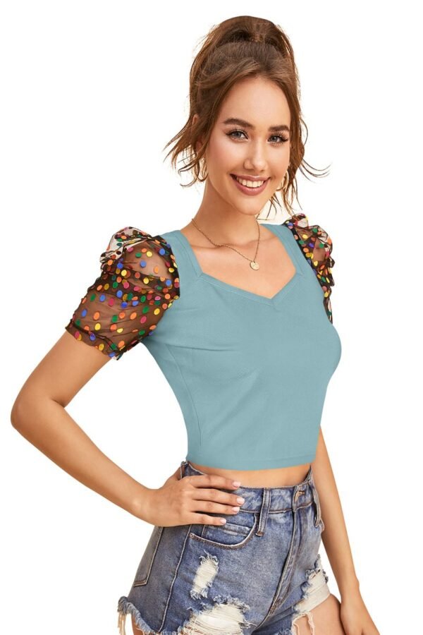 V-Neck Crop Top with Polka Dot Puff Sleeves